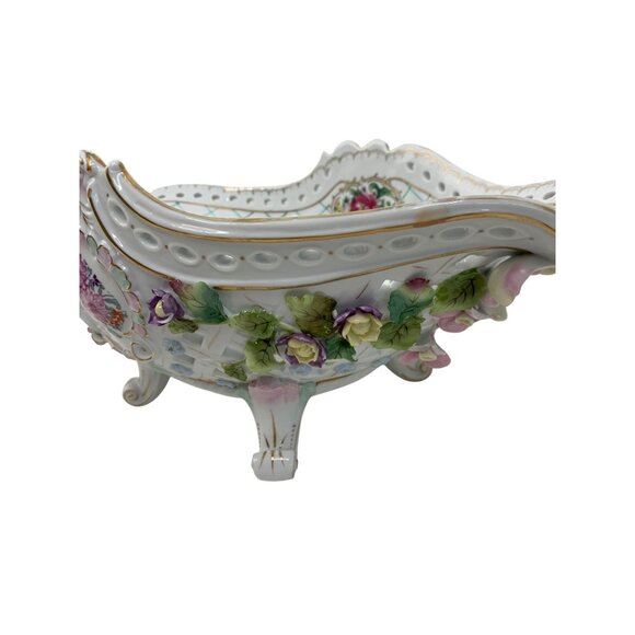 Antique Large Porcelain Floral Footed Centerpiece Bowl encrusted Rose & Leaf - Picture 7 of 16